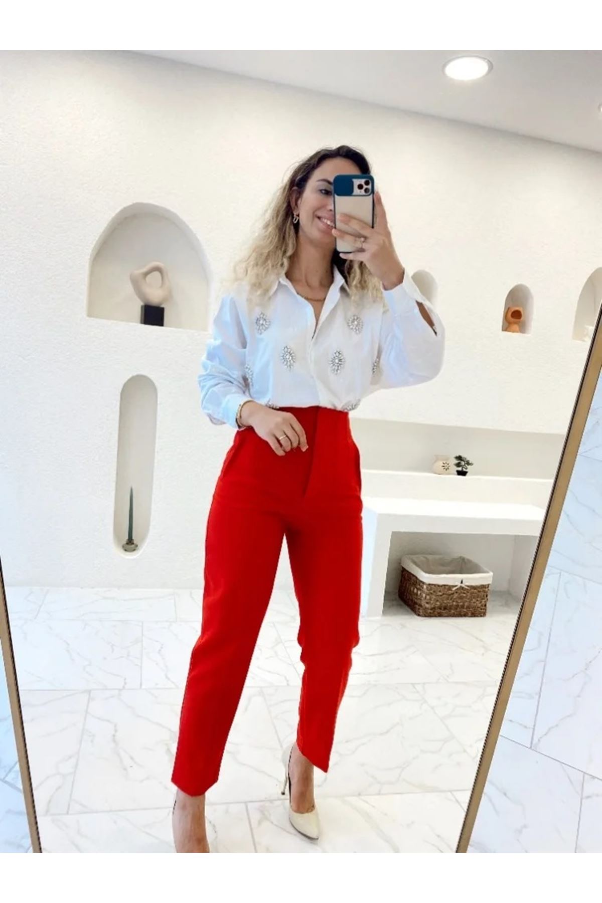 Zara Kırmızı Dikiş Detaylı Pantolon