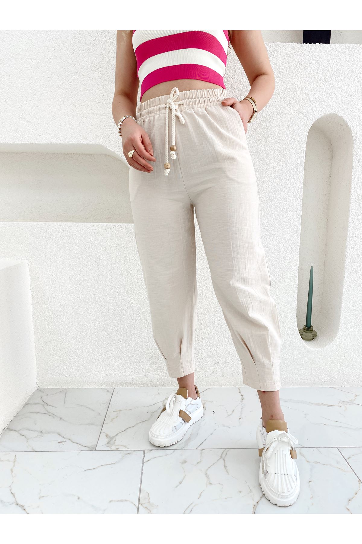 Taş Rengi  Ultra Yüksek Bel Halat Kemerli Paçası Pensli Şalvar Pantolon