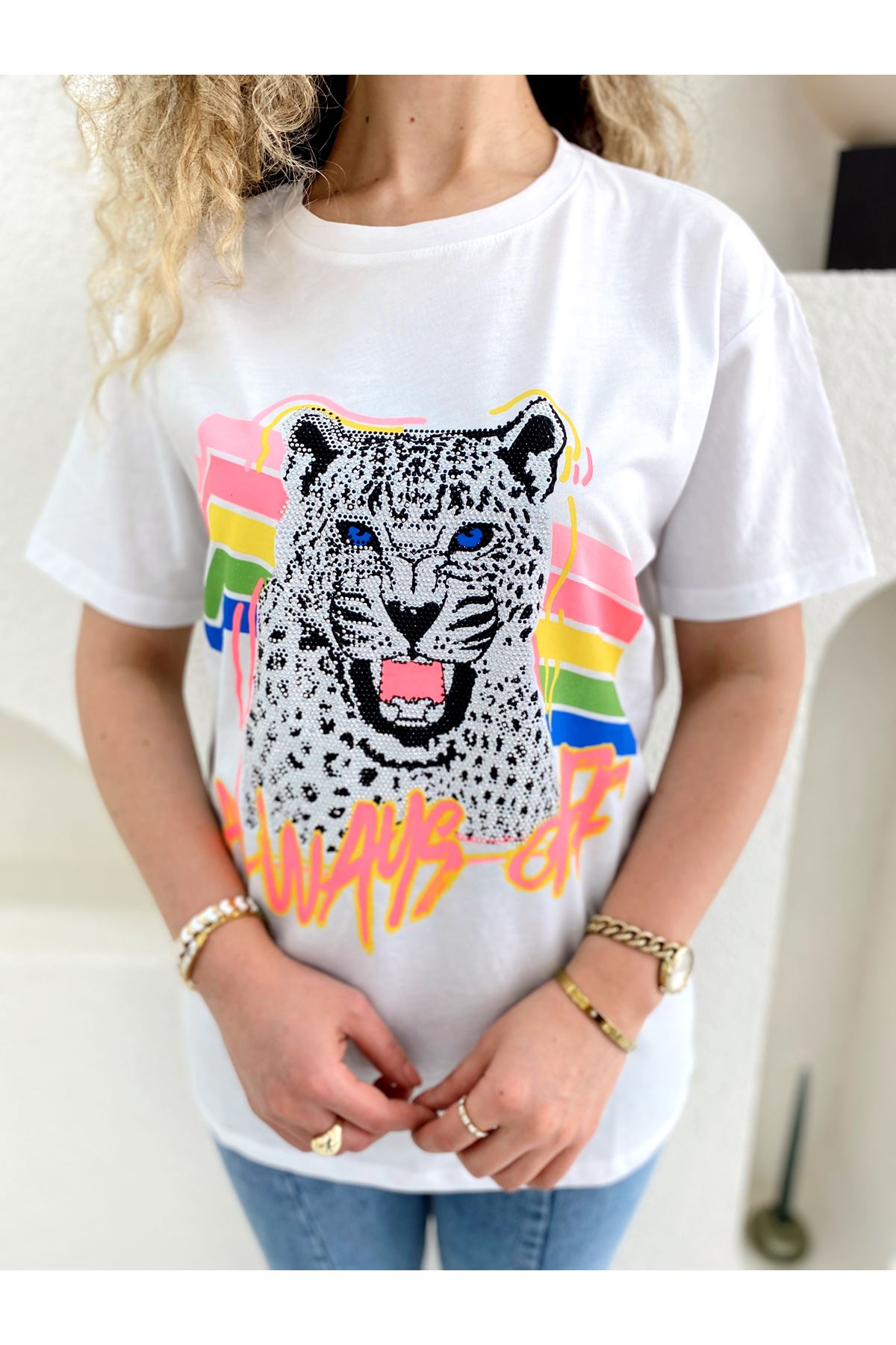 Renkli Taşlı Kaplan Figürlü T-shirt