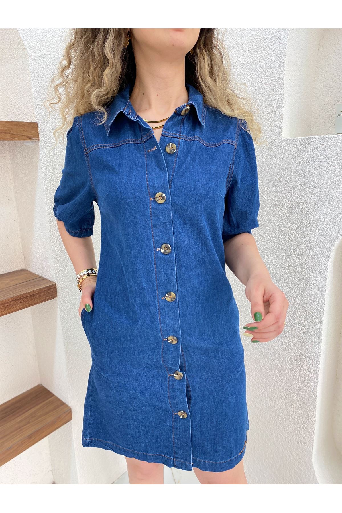 Gömlek Yaka Düğme Detaylı Kot Elbise