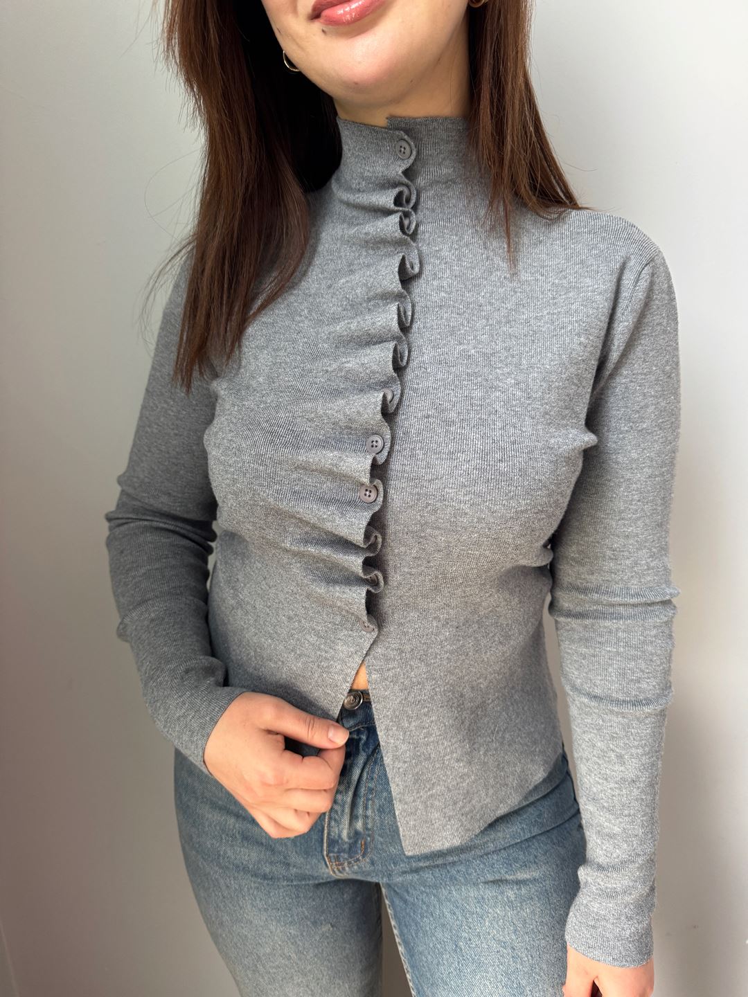 Gri Kendinden Büzgülü Triko Hırka