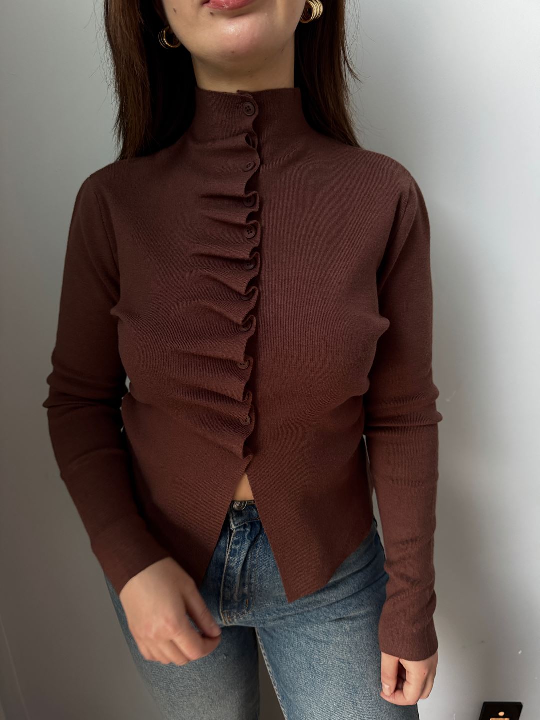 Kahverengi Kendinden Büzgülü Triko Hırka