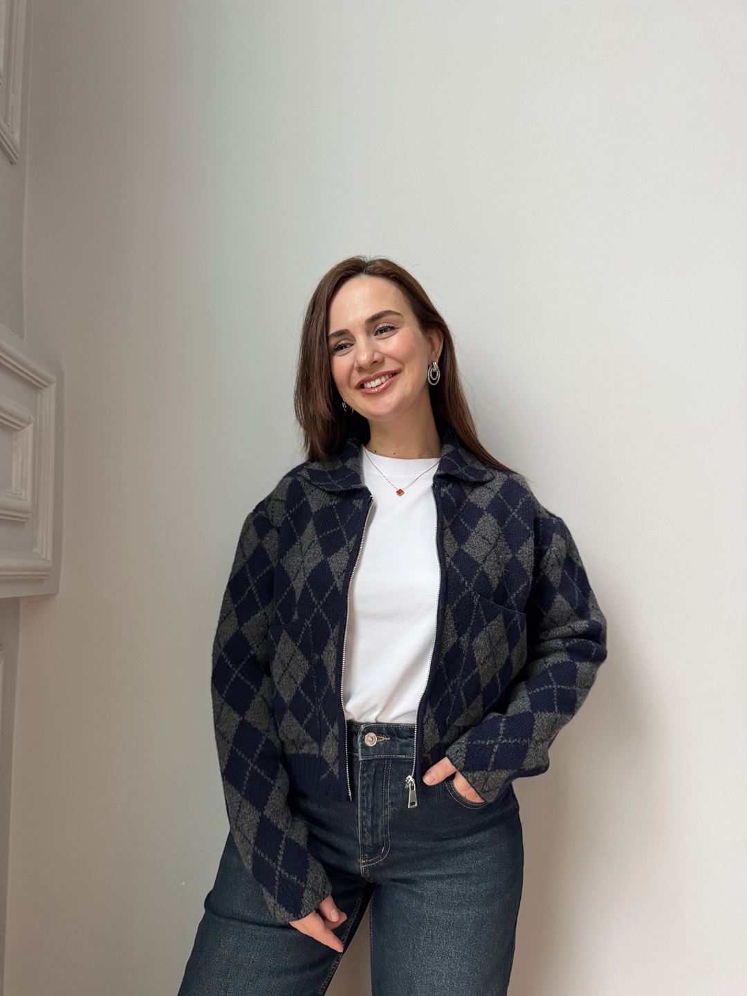 Lacivert Antrasit Baklava Desen Fermuarlı Hırka