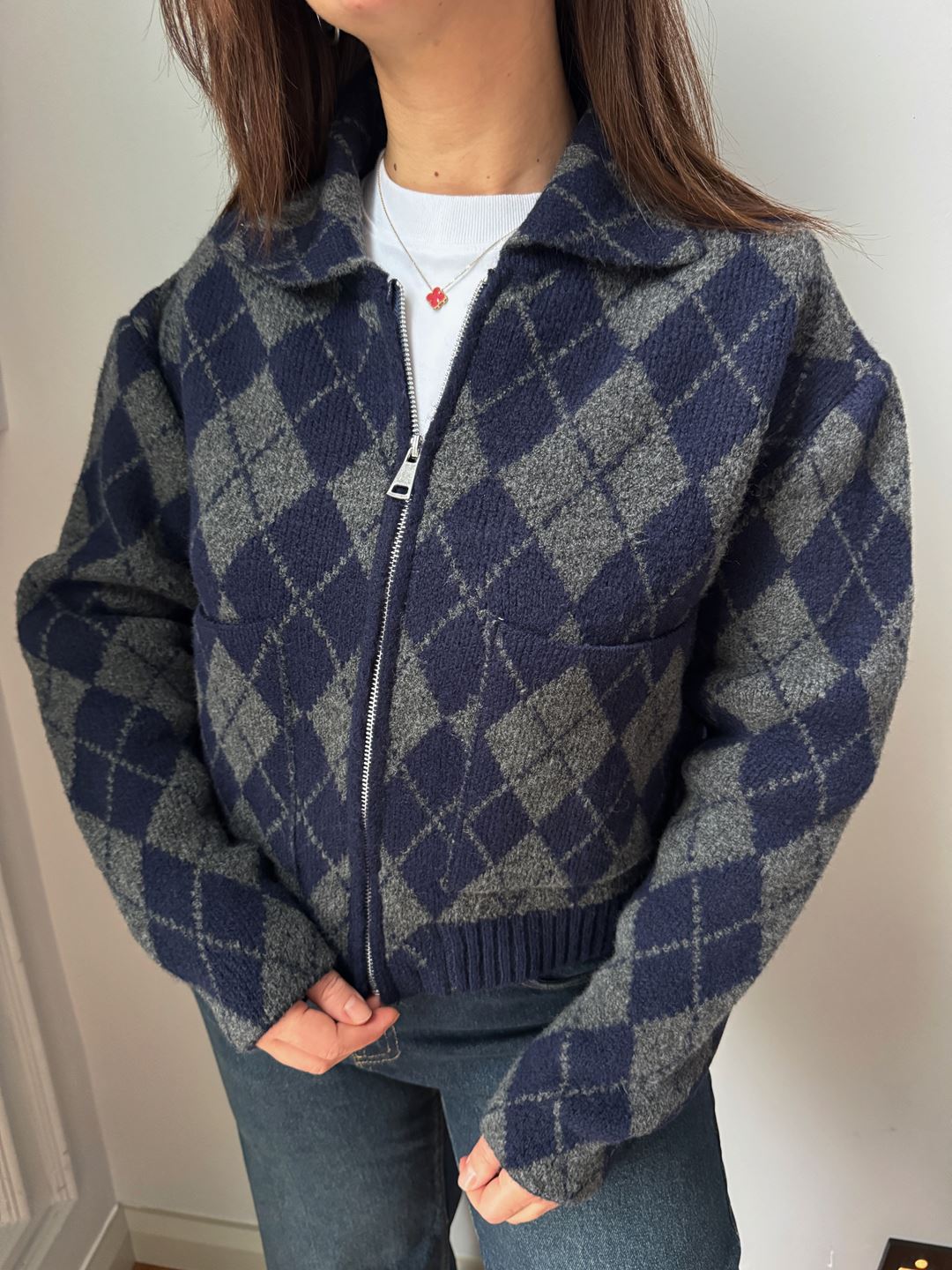 Lacivert Antrasit Baklava Desen Fermuarlı Hırka