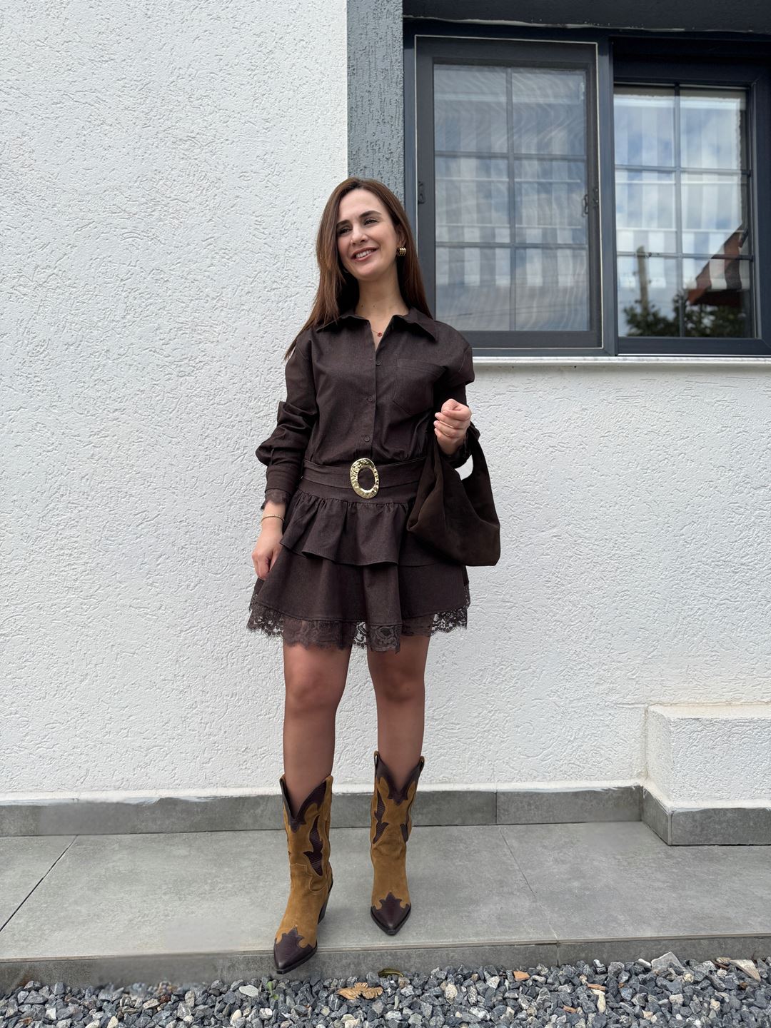 Premium Kahverengi Etek Ucu Ve Kolları Dantelli Denim Elbise