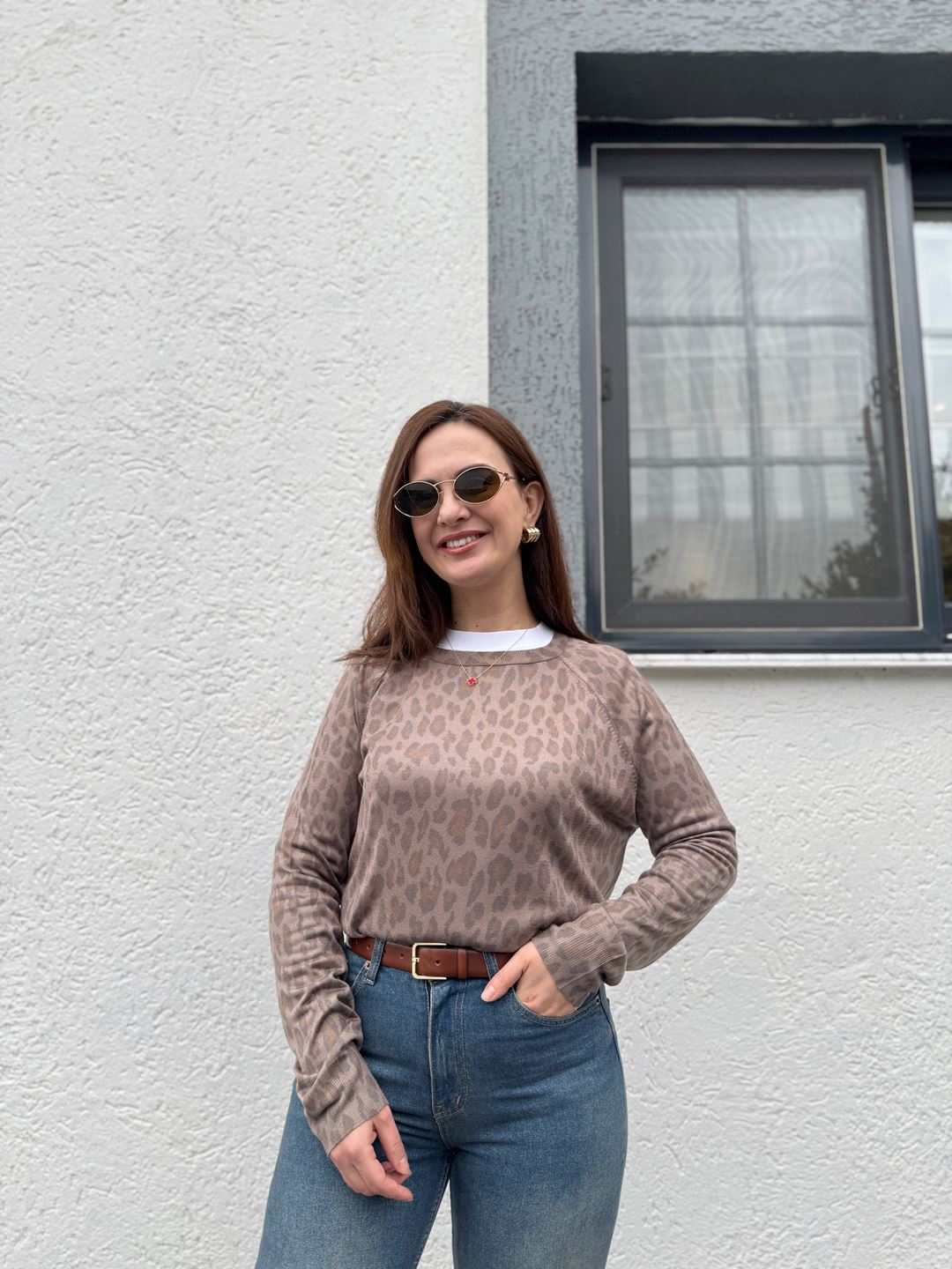 Leopar Baskılı Bisiklet Yaka Bluz
