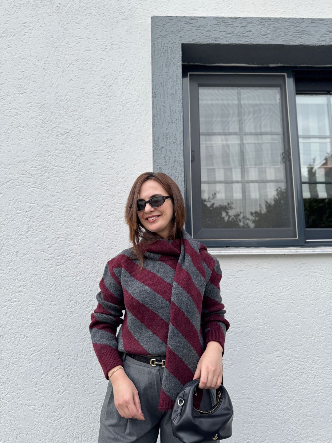 Bordo Antrasit Verev Çizgili Şallı Triko Kazak