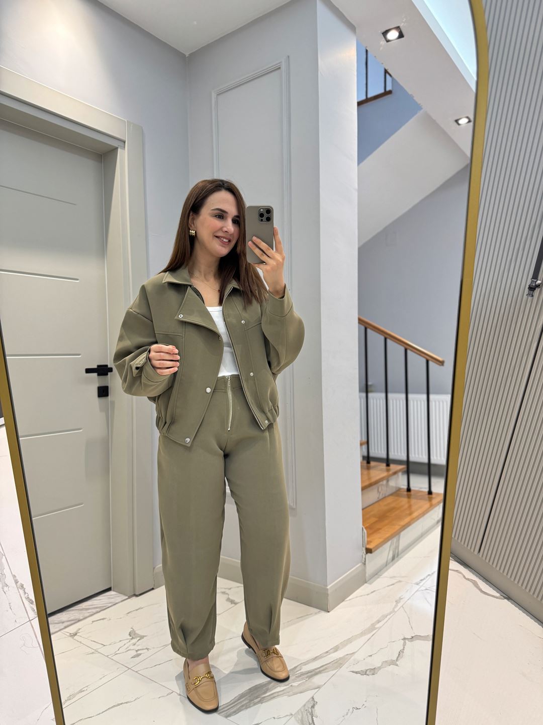 Haki Çıt Çıt Düğmeli Fermuarlı Bomber Ceket Pantolon Takım