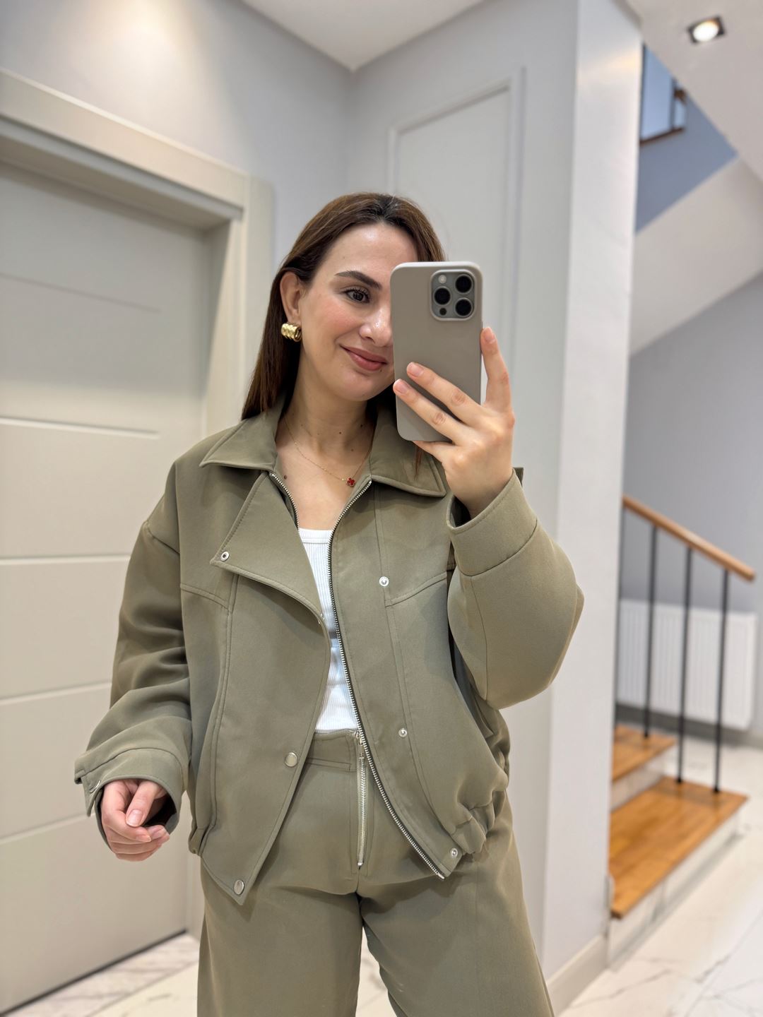 Haki Çıt Çıt Düğmeli Fermuarlı Bomber Ceket Pantolon Takım