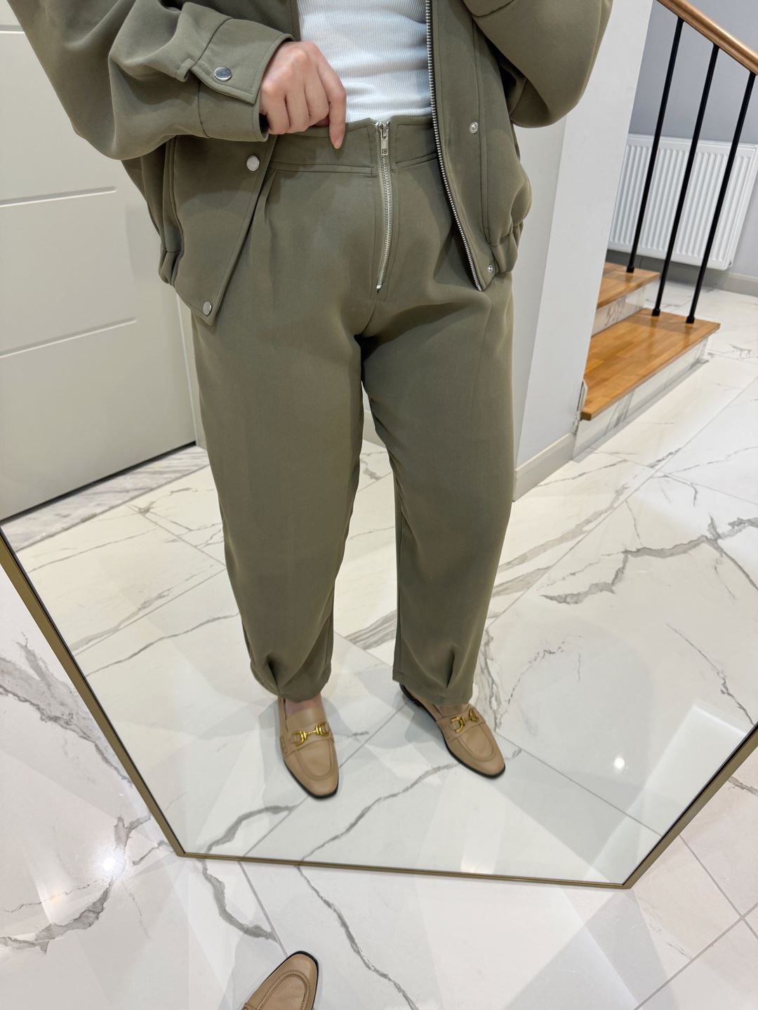 Haki Çıt Çıt Düğmeli Fermuarlı Bomber Ceket Pantolon Takım