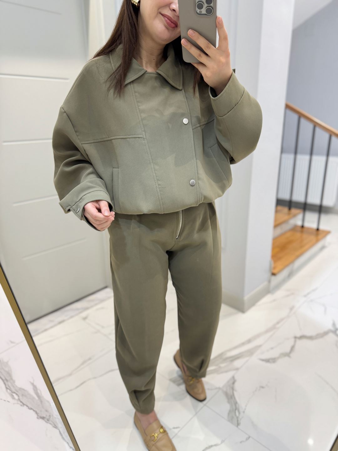 Haki Çıt Çıt Düğmeli Fermuarlı Bomber Ceket Pantolon Takım