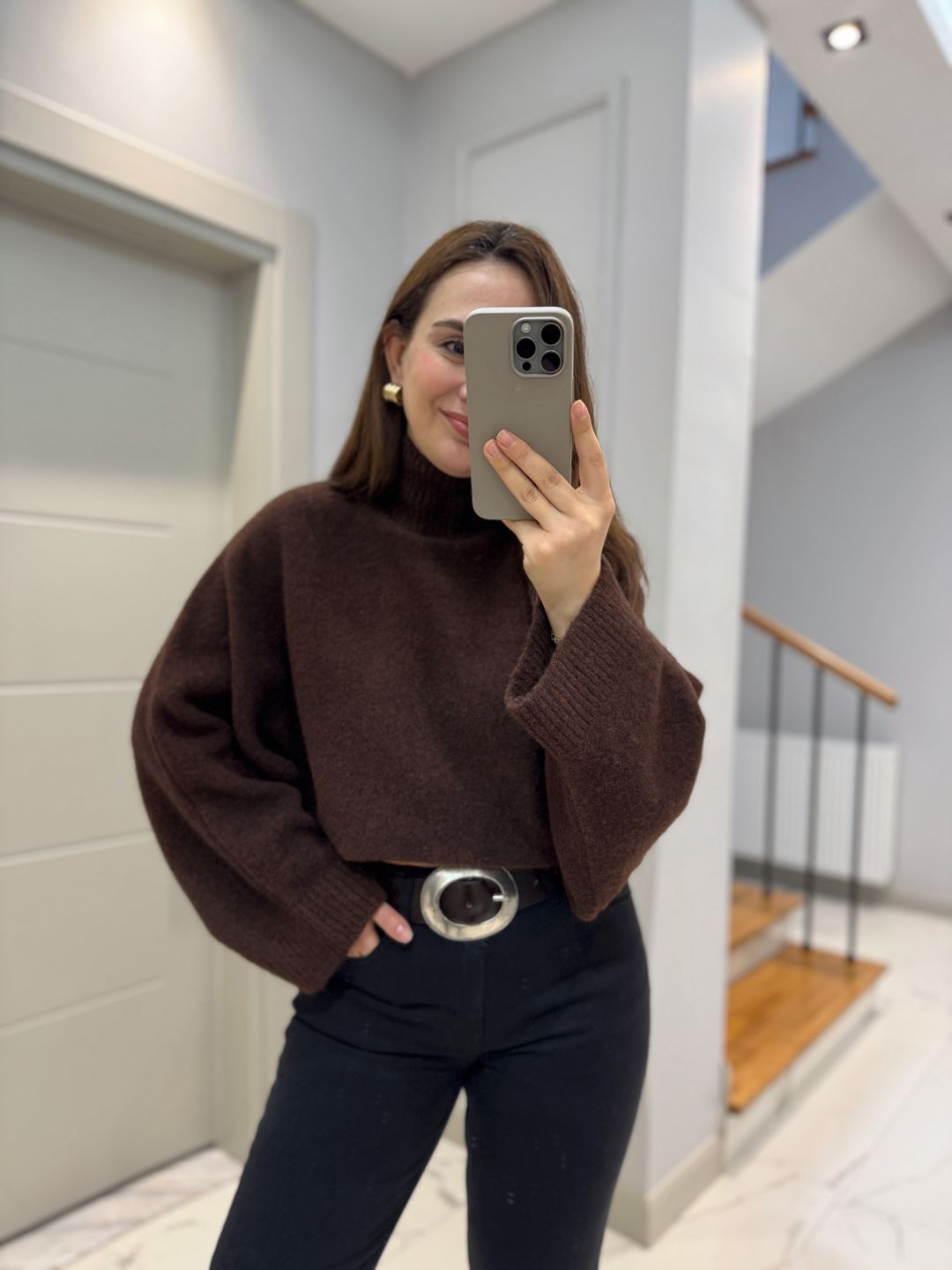 Kahverengi Yumuşak Dokulu Yarasa Kol Kazak