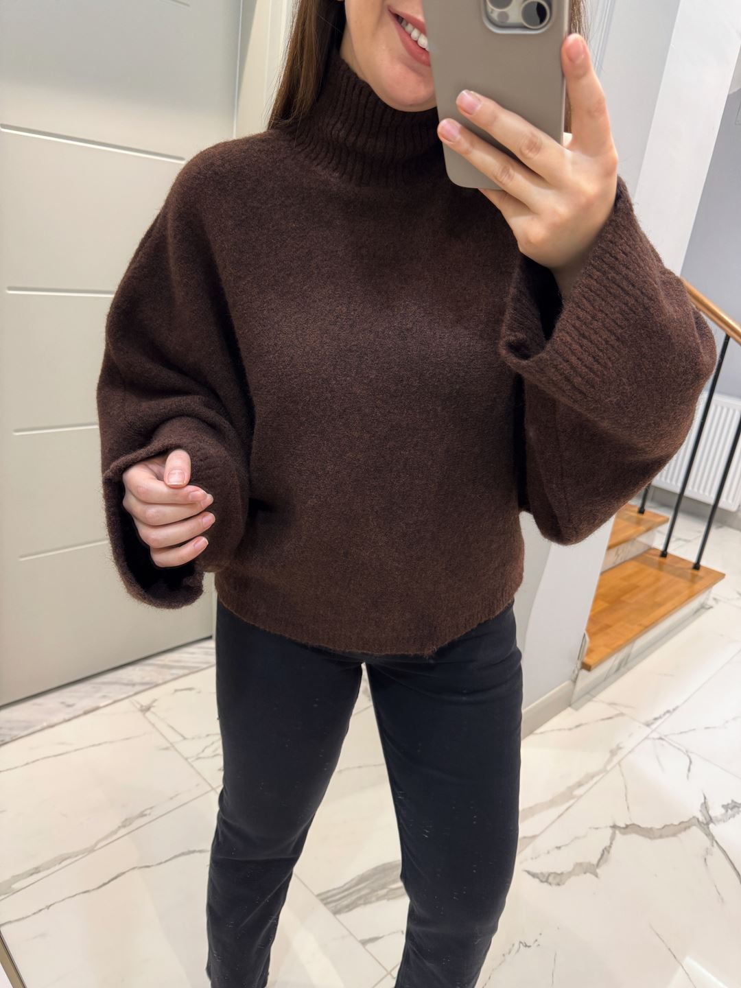 Kahverengi Yumuşak Dokulu Yarasa Kol Kazak