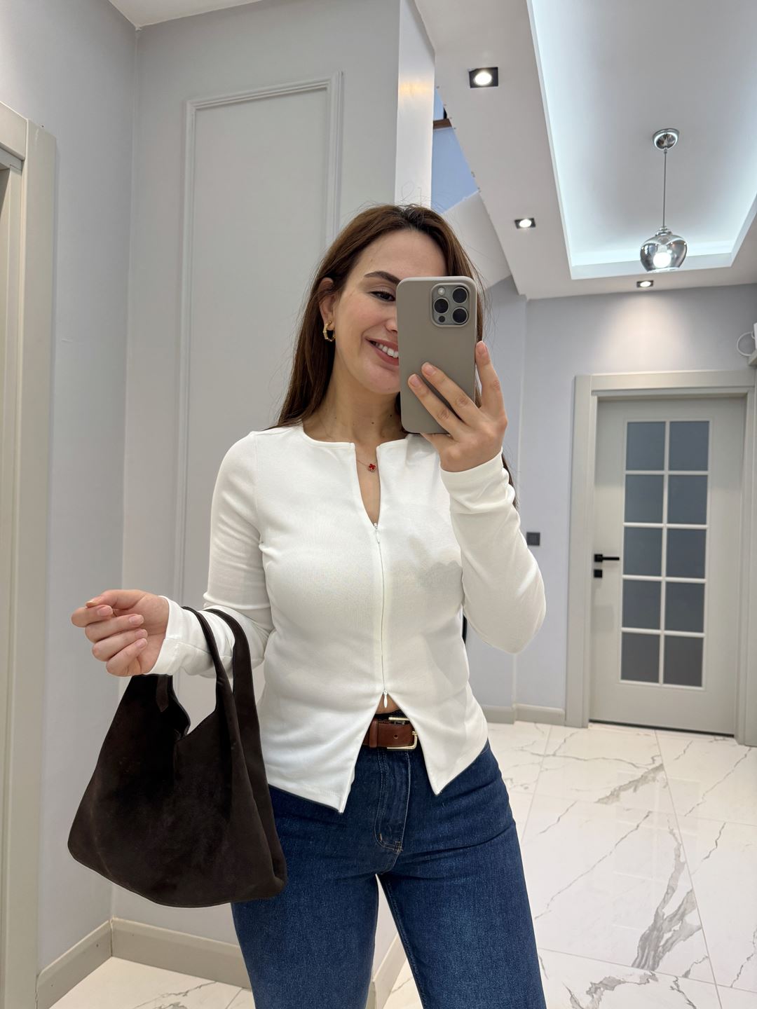 Ekru Çift Yön Fermuarlı Uzun Kol Body