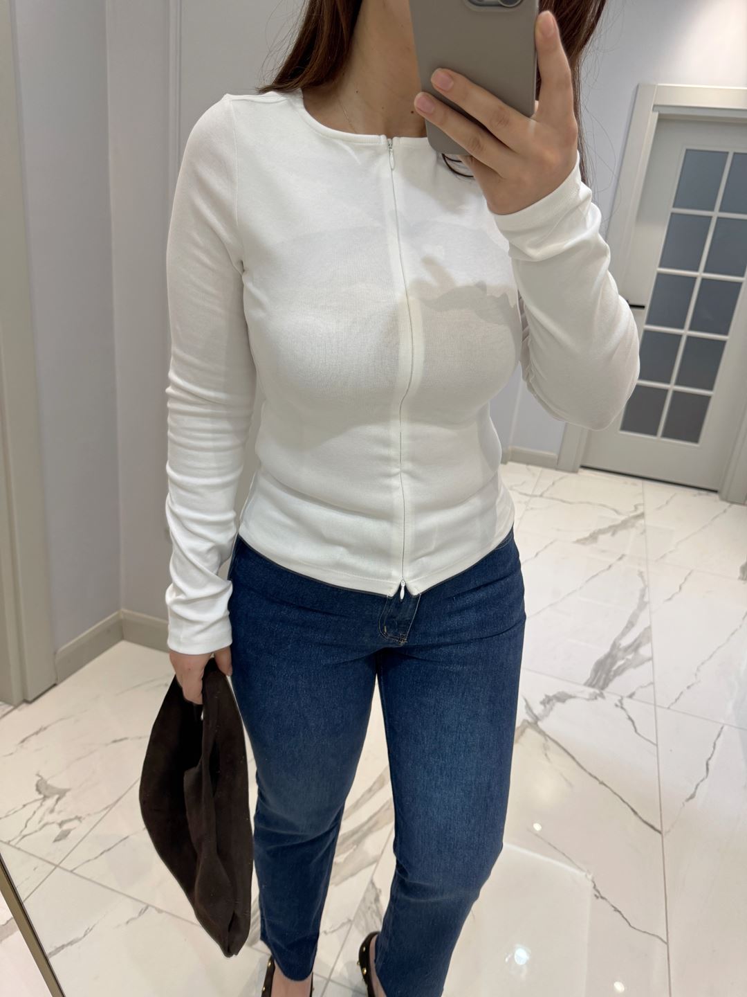 Ekru Çift Yön Fermuarlı Uzun Kol Body