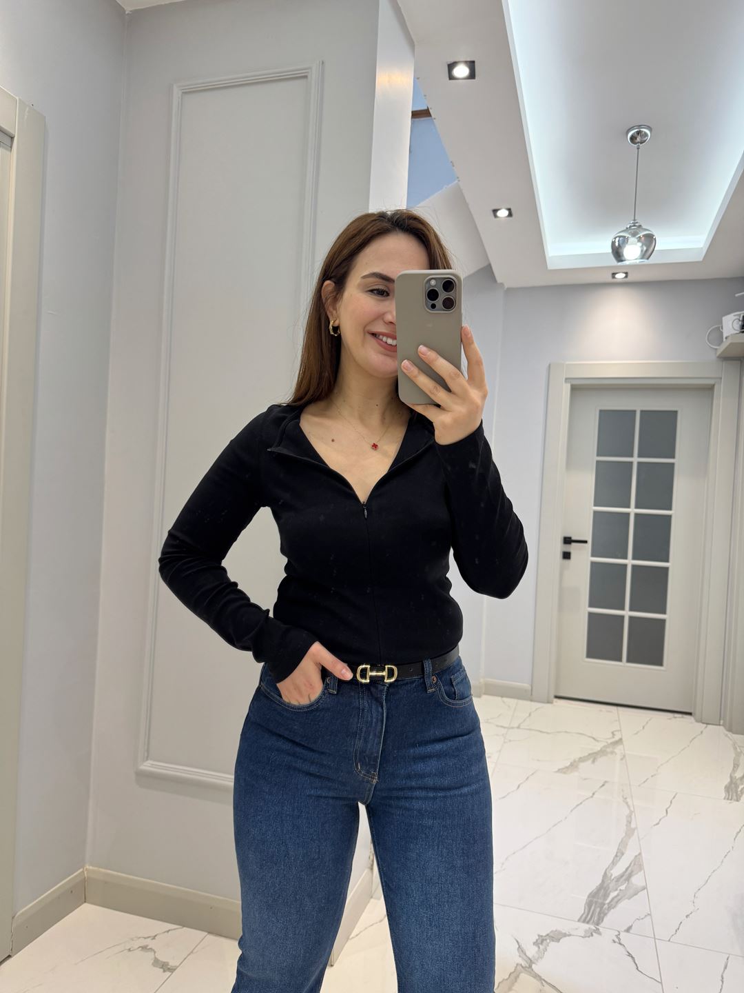 Siyah Çift Yön Fermuarlı Uzun Kol Body