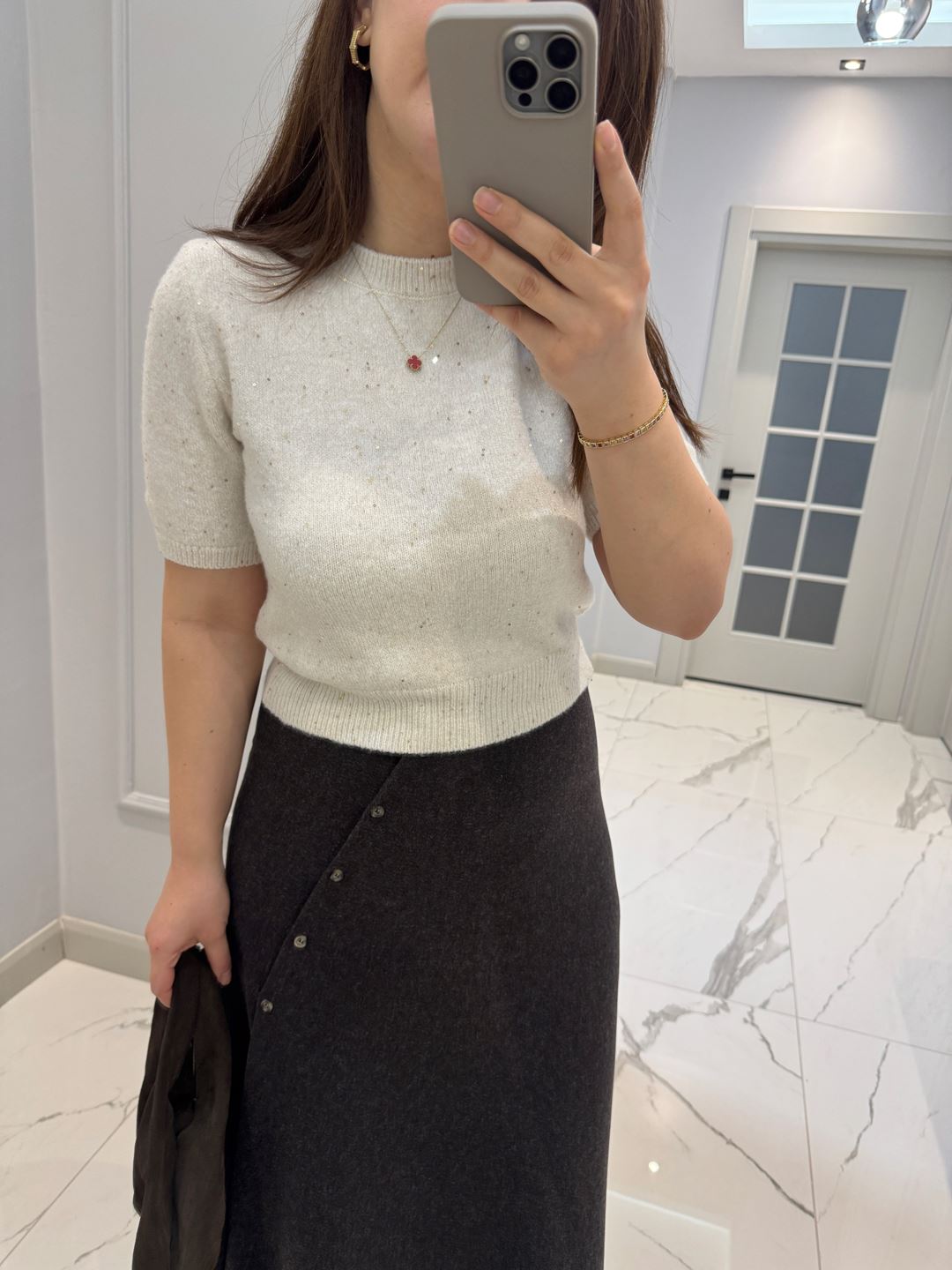 Ekru Simli Yarım Kol Triko