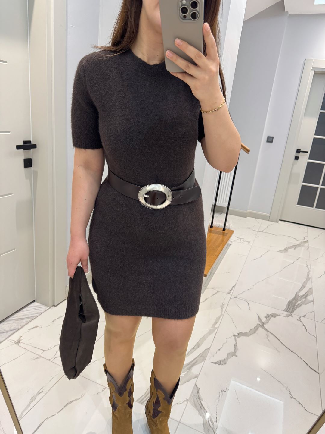 Acı Kahve Bisiklet Yaka Yumoş Doku Elbise