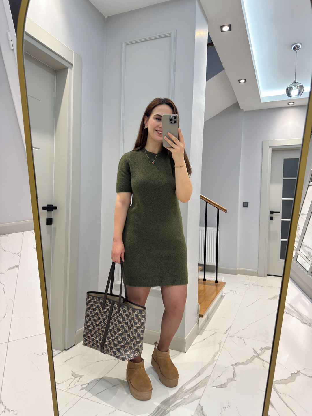 Haki Bisiklet Yaka Yumoş Doku Elbise