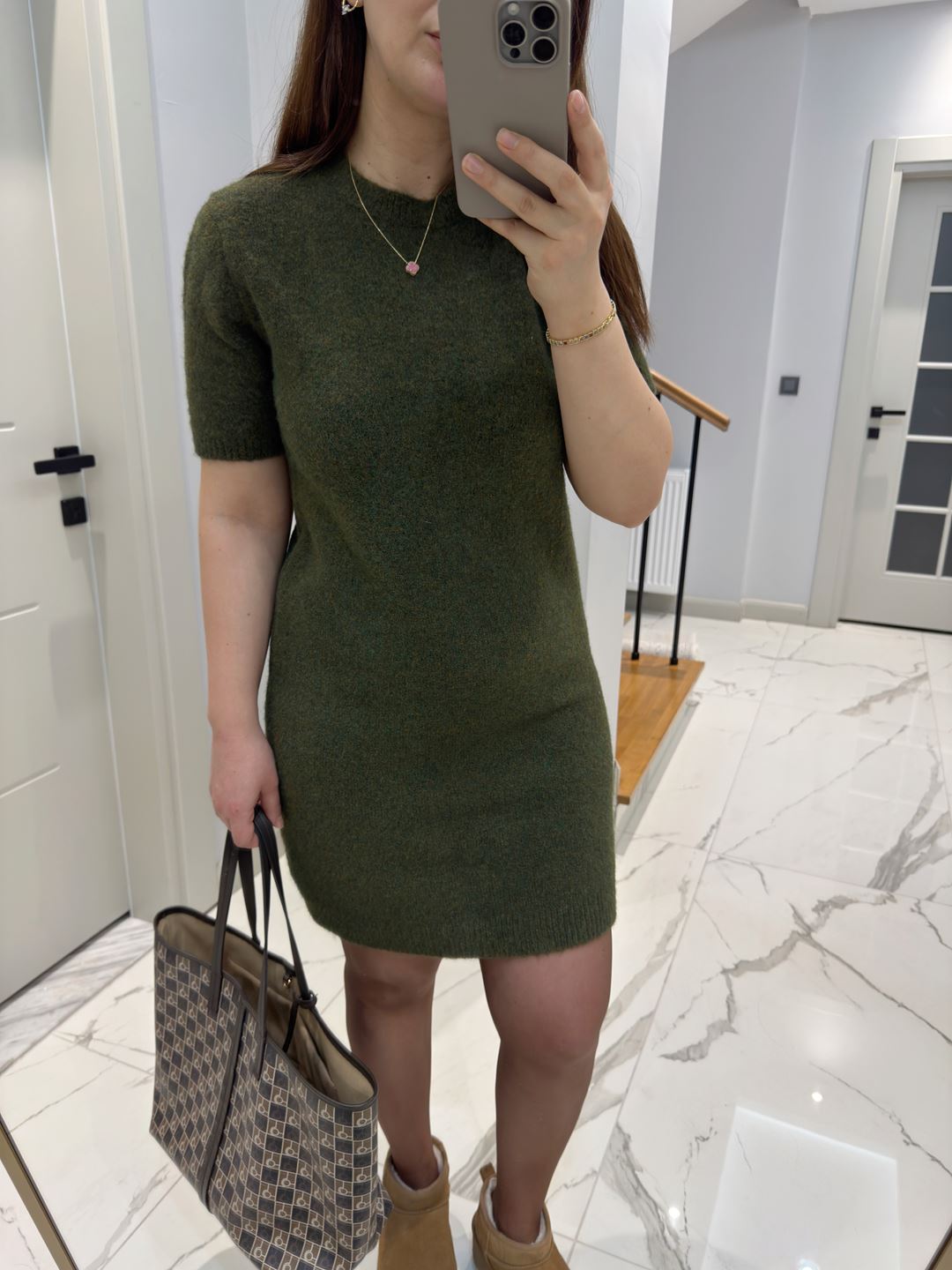 Haki Bisiklet Yaka Yumoş Doku Elbise