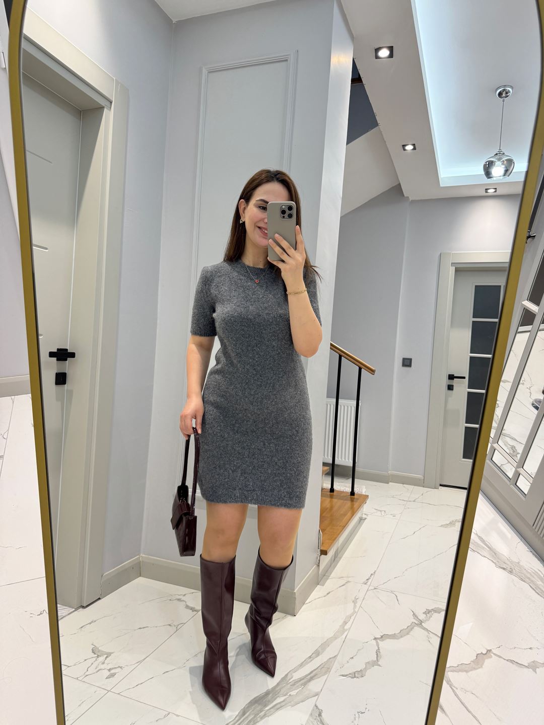 Antrasit Bisiklet Yaka Yumoş Doku Elbise