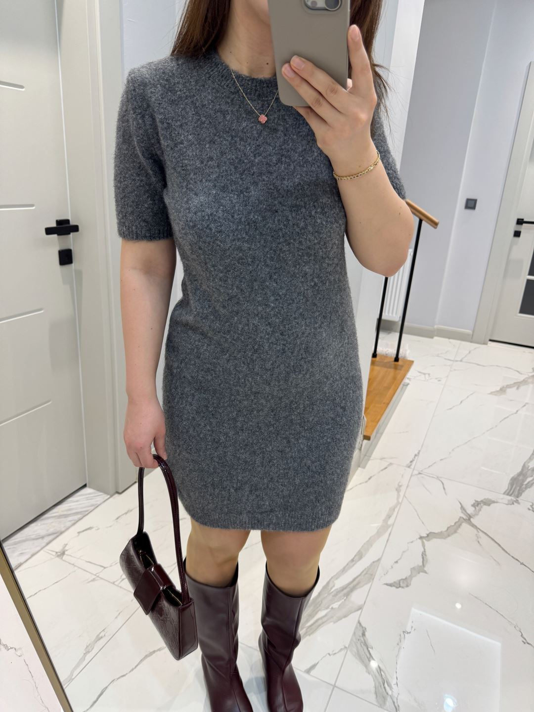 Antrasit Bisiklet Yaka Yumoş Doku Elbise