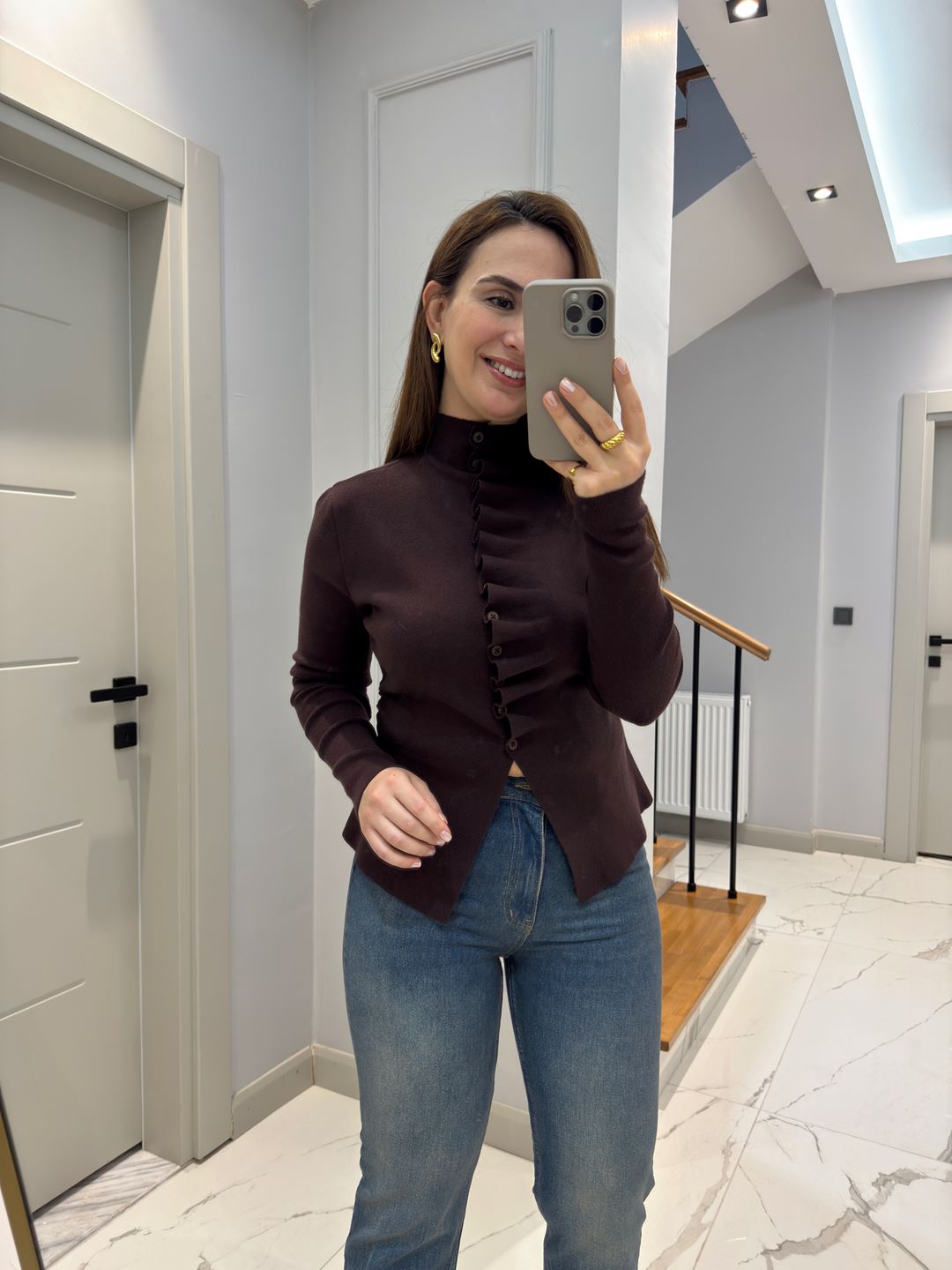 Acı Kahve Kendinden Büzgülü Triko Hırka