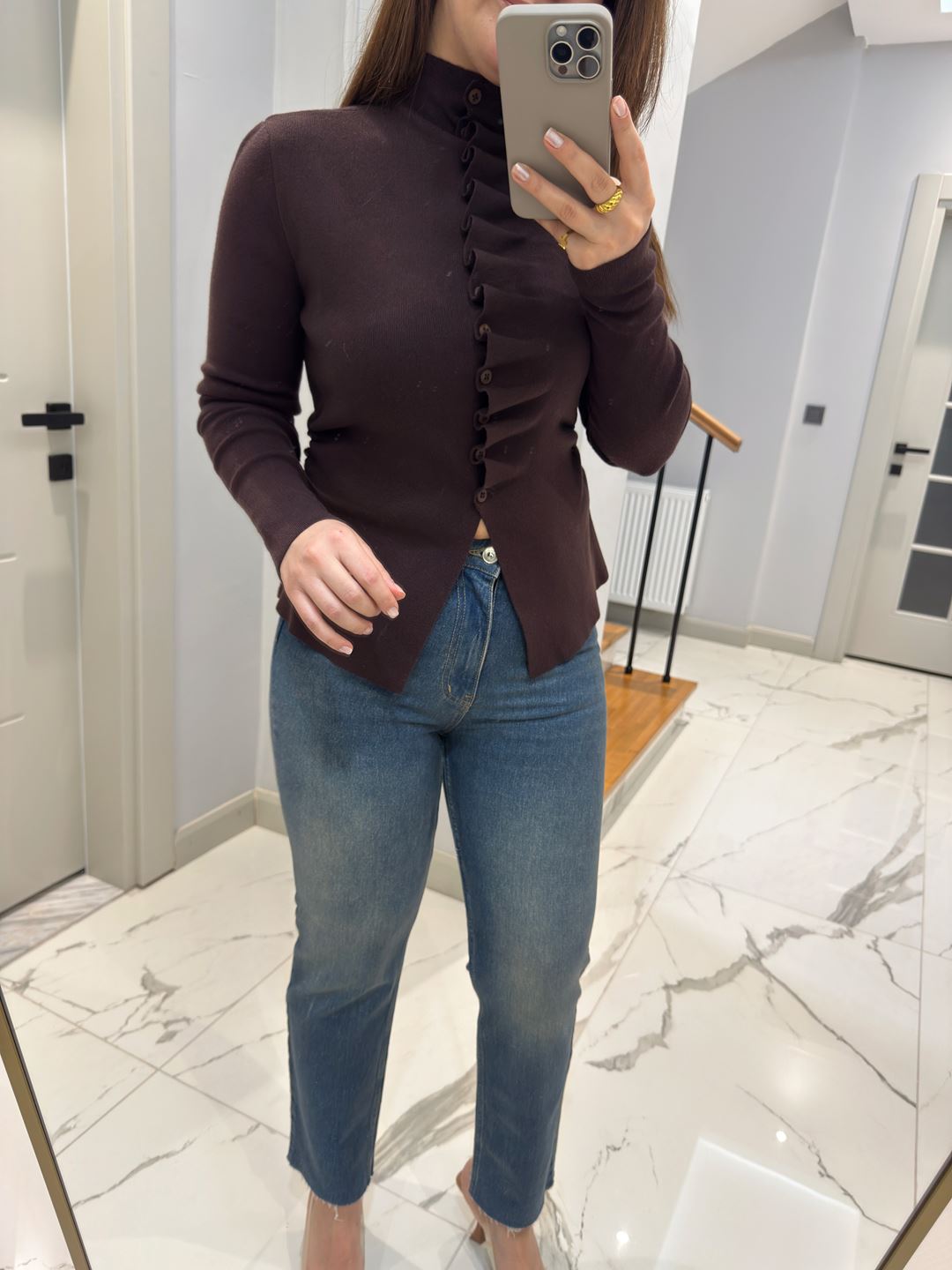 Acı Kahve Kendinden Büzgülü Triko Hırka