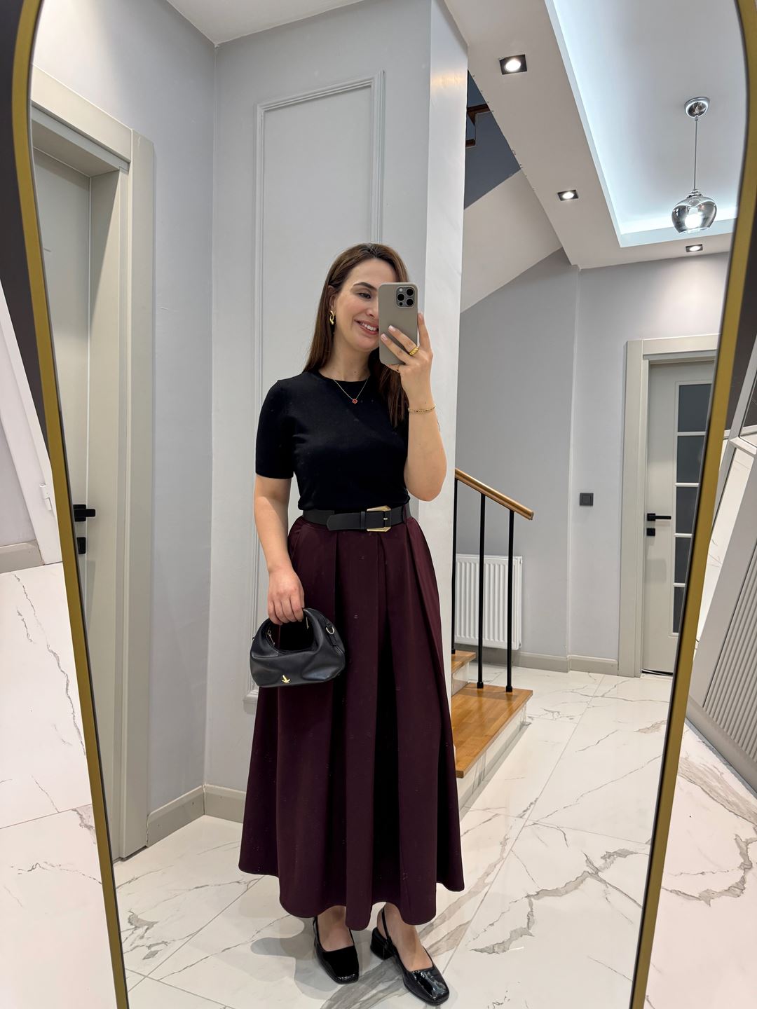 Bordo Kendinden Kemerli Maxi Boy Etek