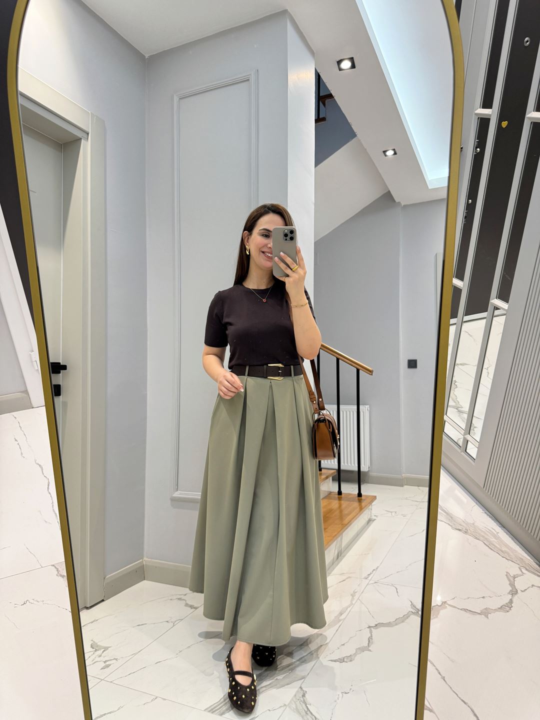 Haki Kendinden Kemerli Maxi Boy Etek