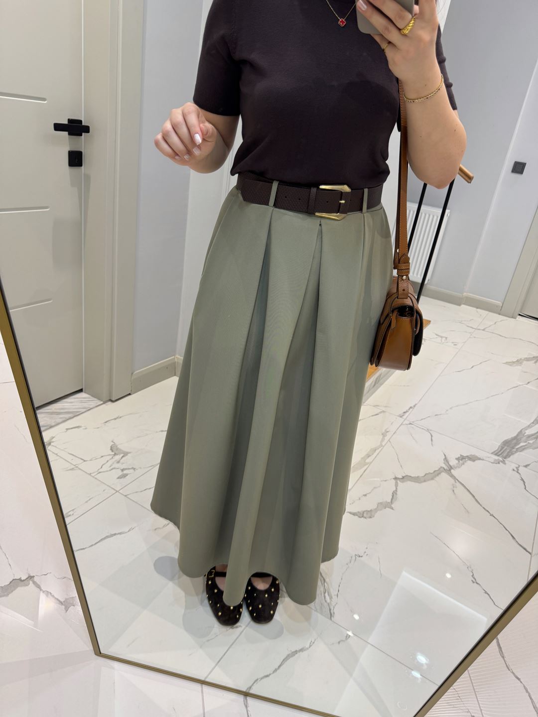 Haki Kendinden Kemerli Maxi Boy Etek