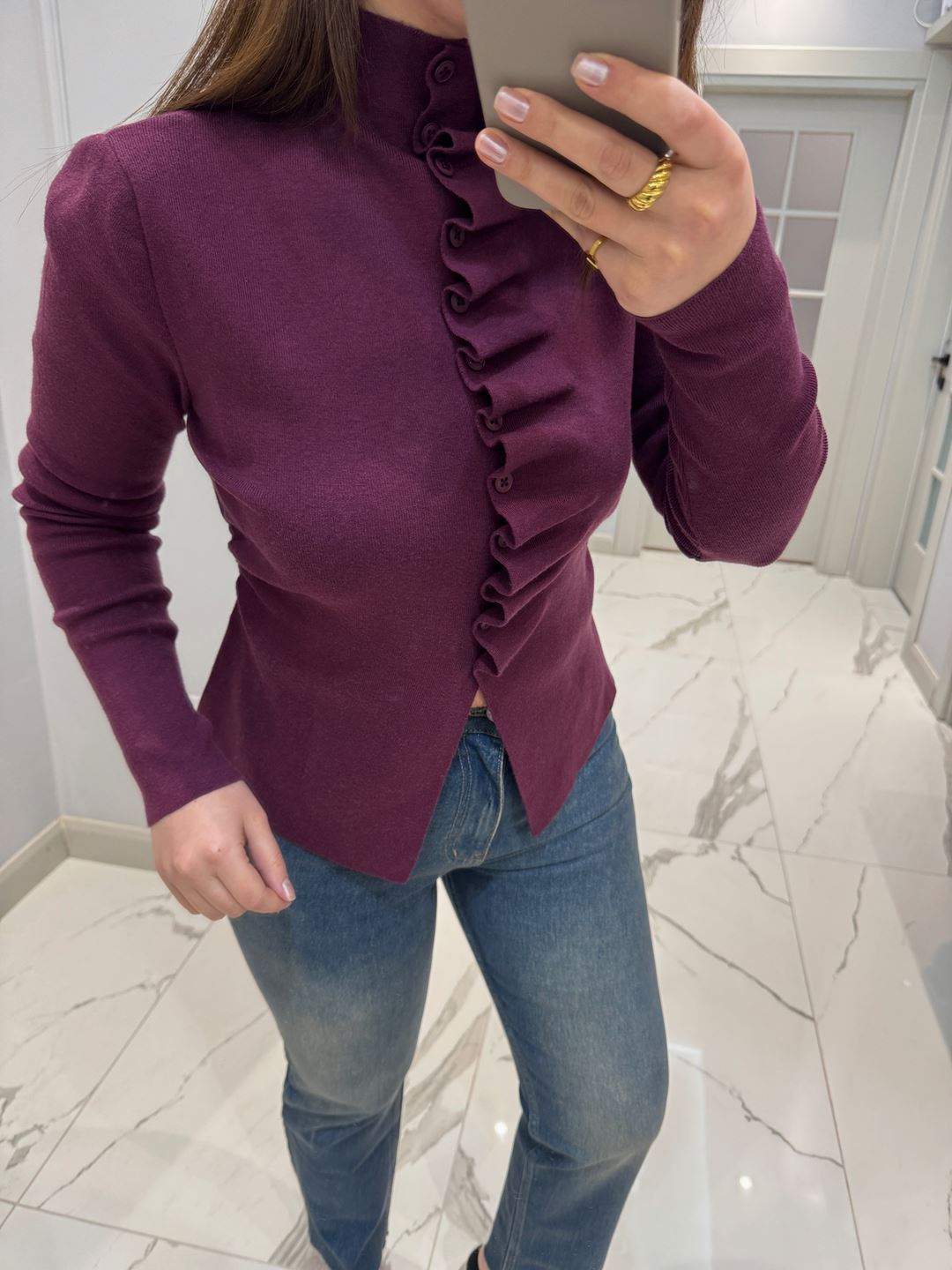 Mürdüm Kendinden Büzgülü Triko Hırka