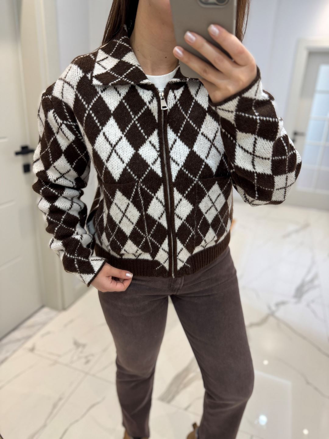 Kahverengi Ekru Baklava Desen Fermuarlı Hırka