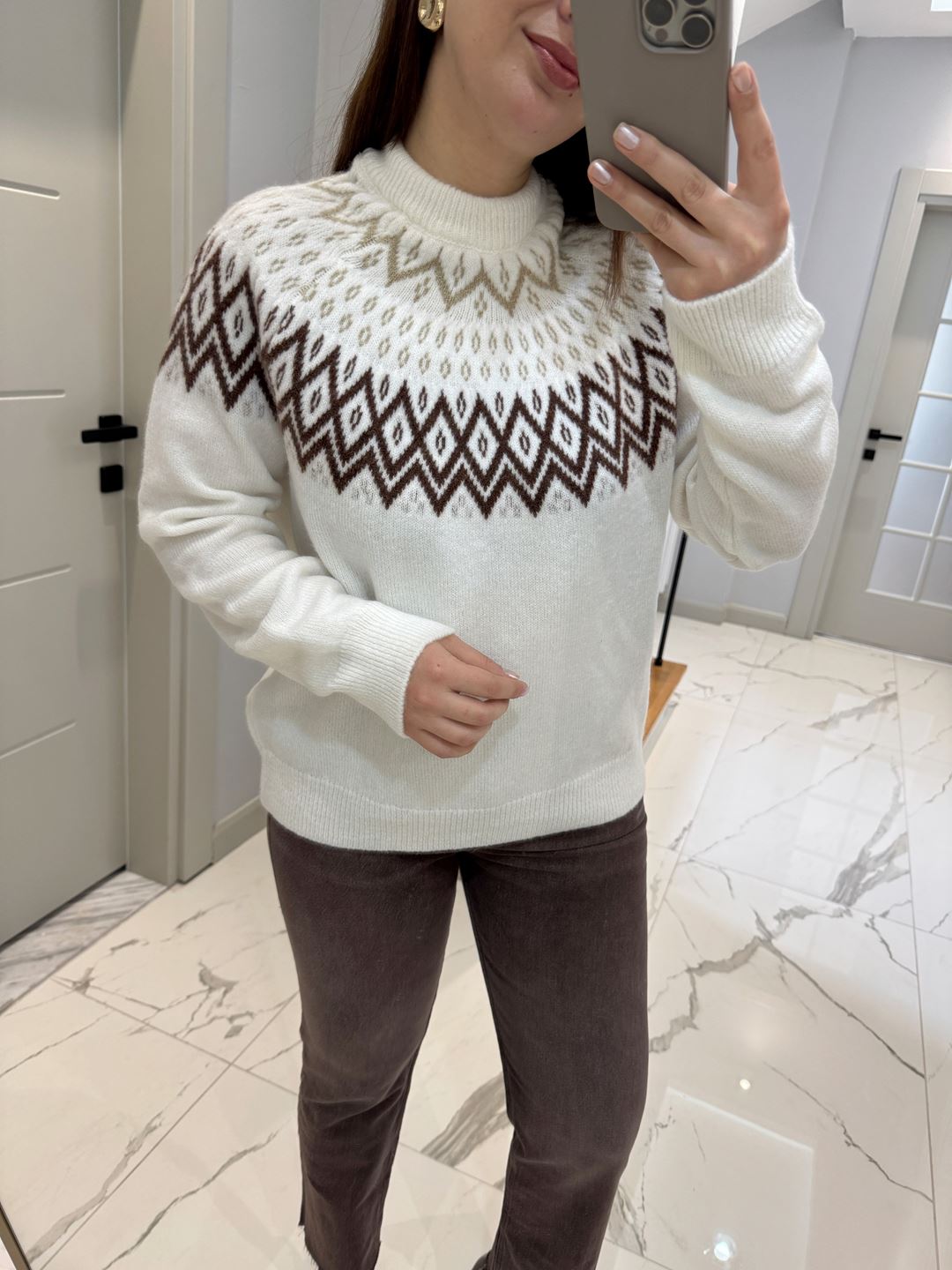 Ekru Kahverengi Desenli Triko