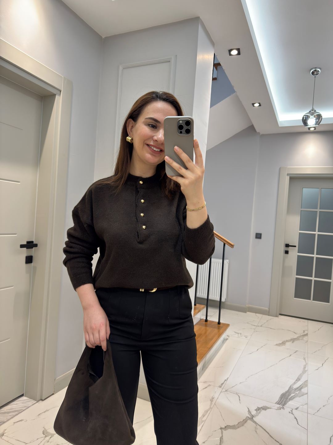 Kahverengi Gold Top Düğmeli Triko Kazak