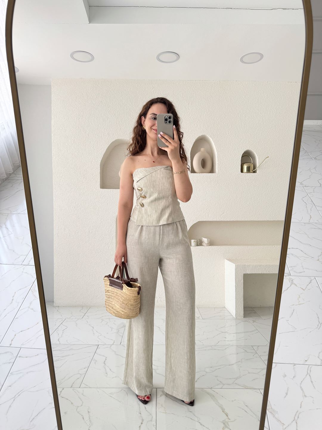 Naturel Beli Lastikli Keten Rahat Pantolon