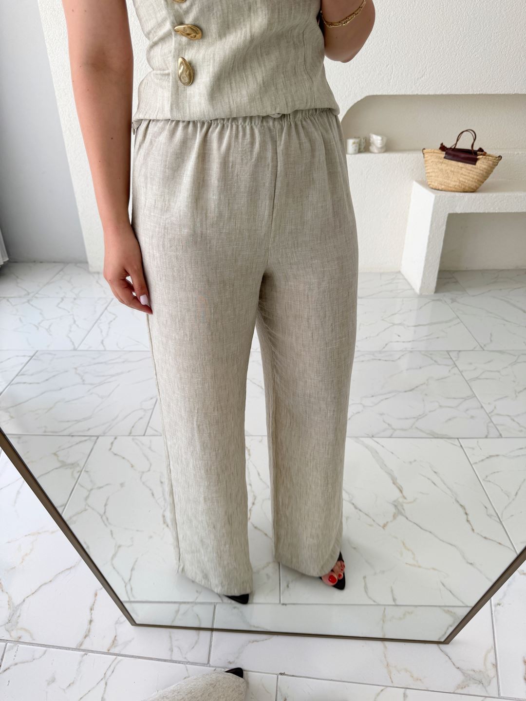 Naturel Beli Lastikli Keten Rahat Pantolon