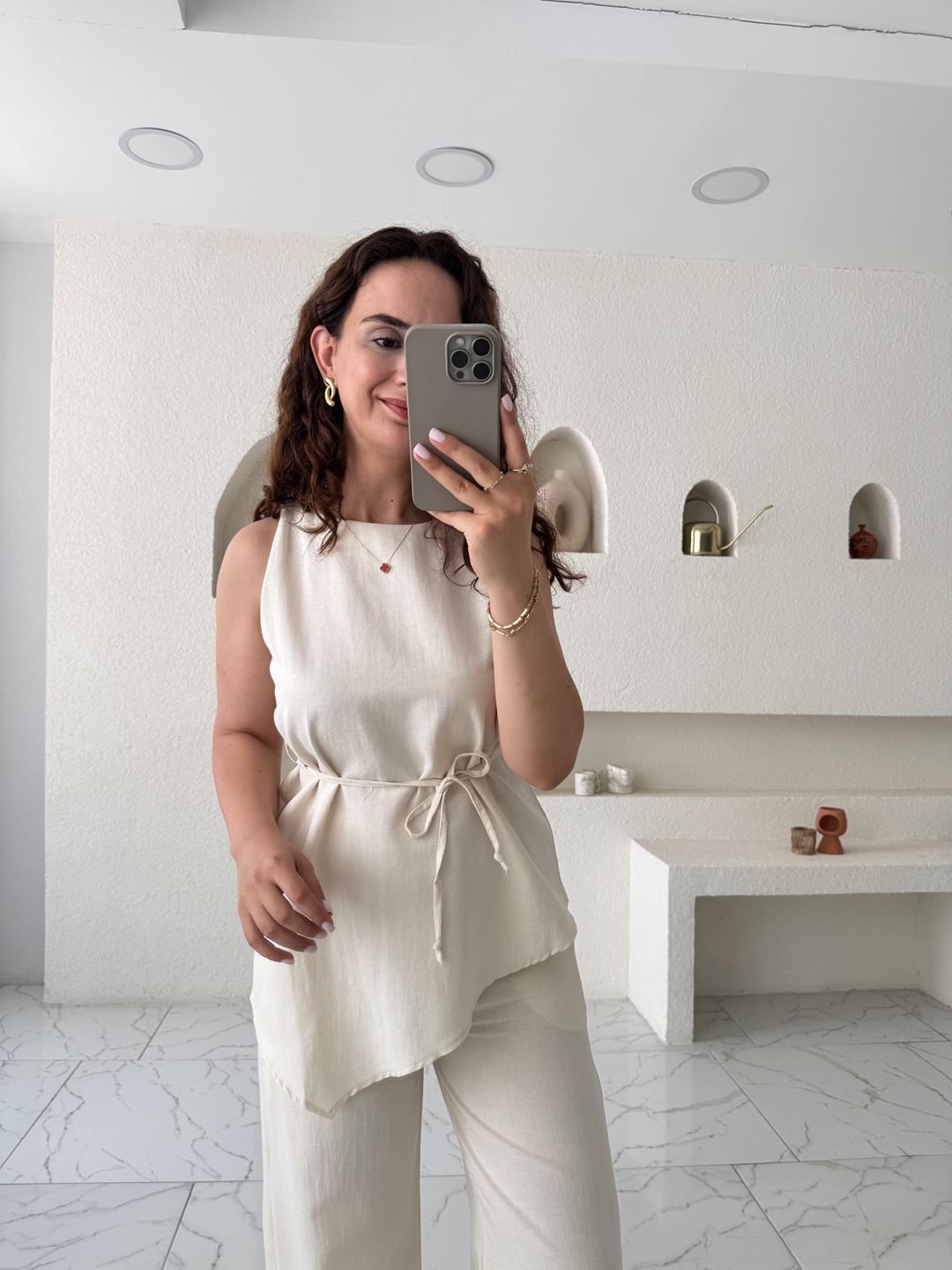 Naturel Bağlamalı Asimetrik Keten Bluz Pantolon Takım