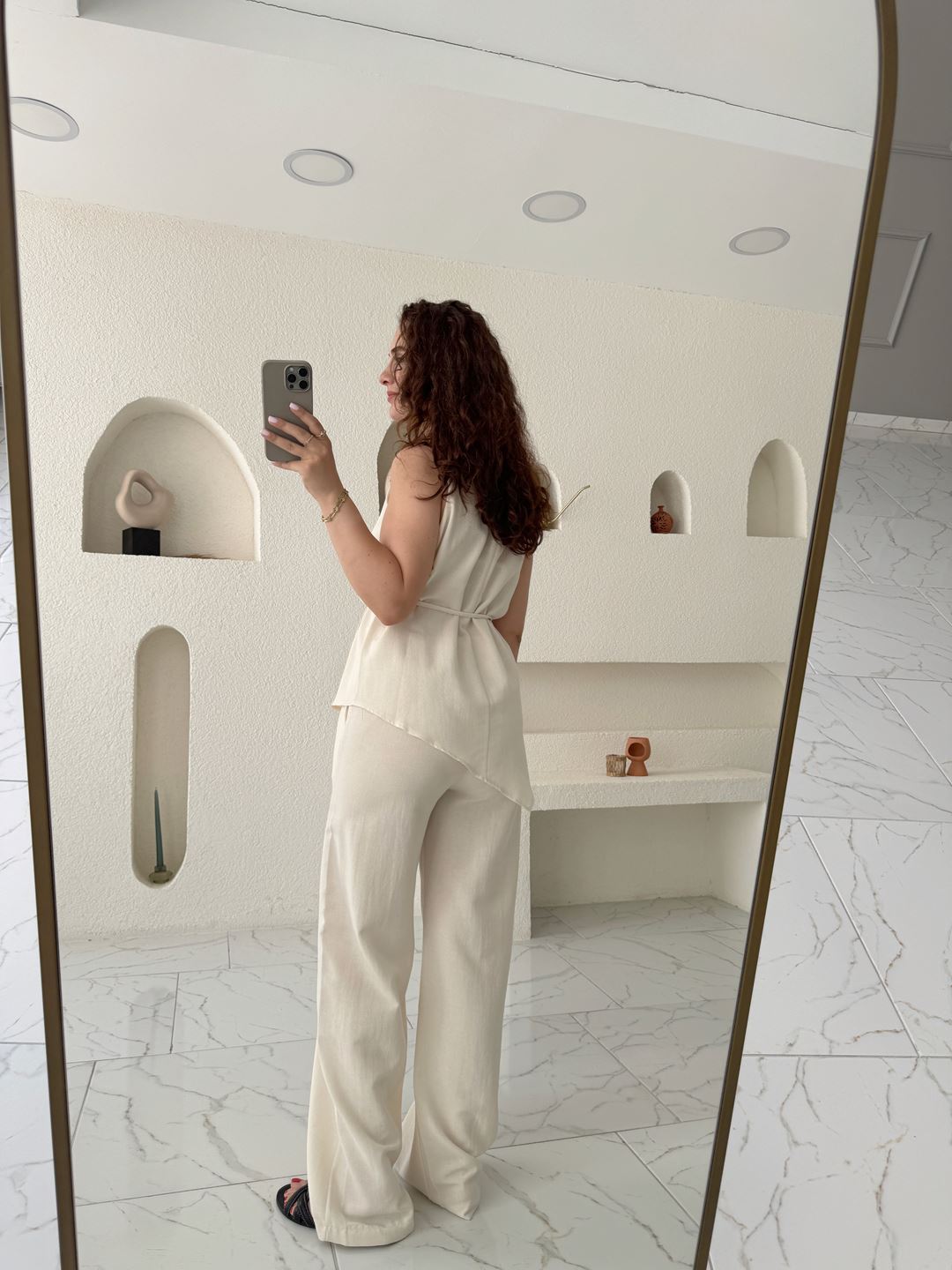 Naturel Bağlamalı Asimetrik Keten Bluz Pantolon Takım