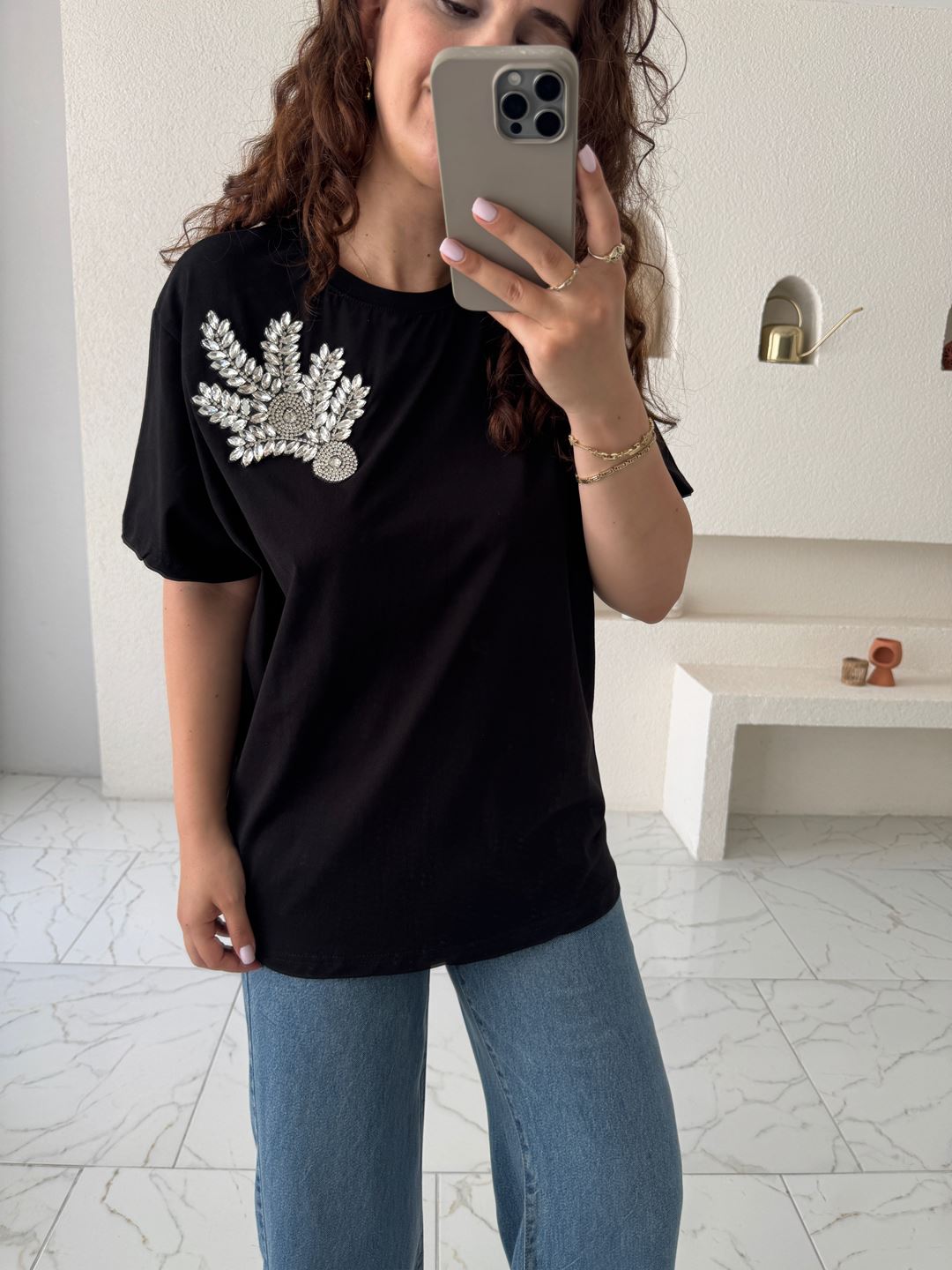 İPKYL Siyah Taşlı Tişört
