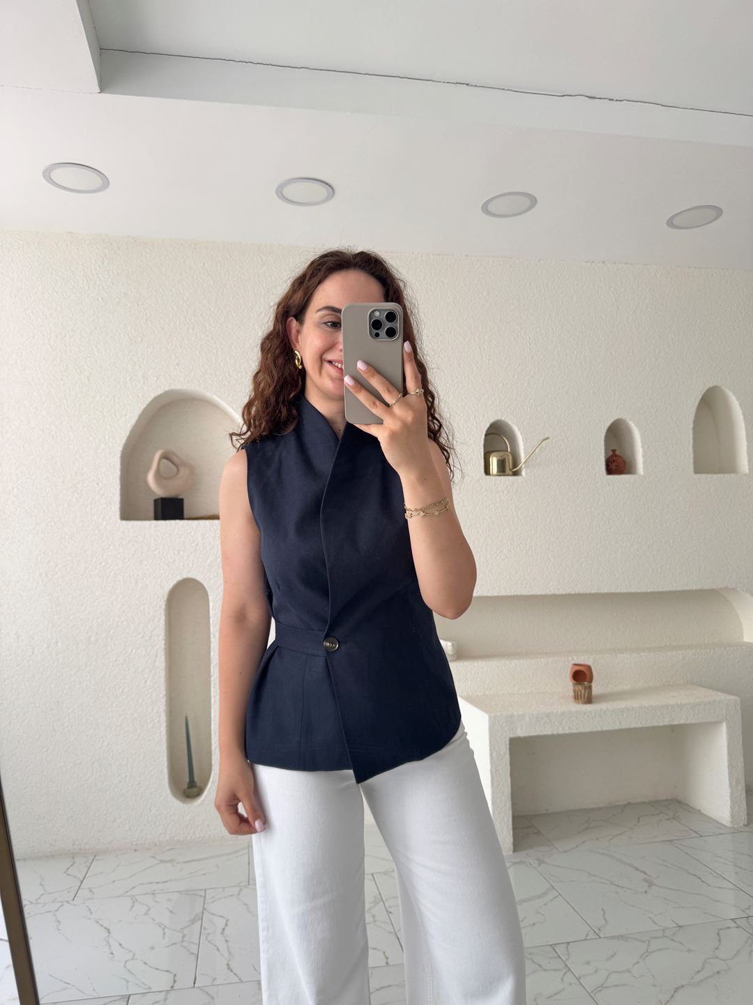 Lacivert Düğme Detaylı Keten Yelek