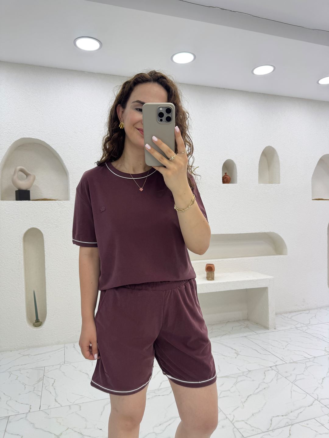 Bordo Marka Model Biyeli Şort T-Shirt Modal Takım