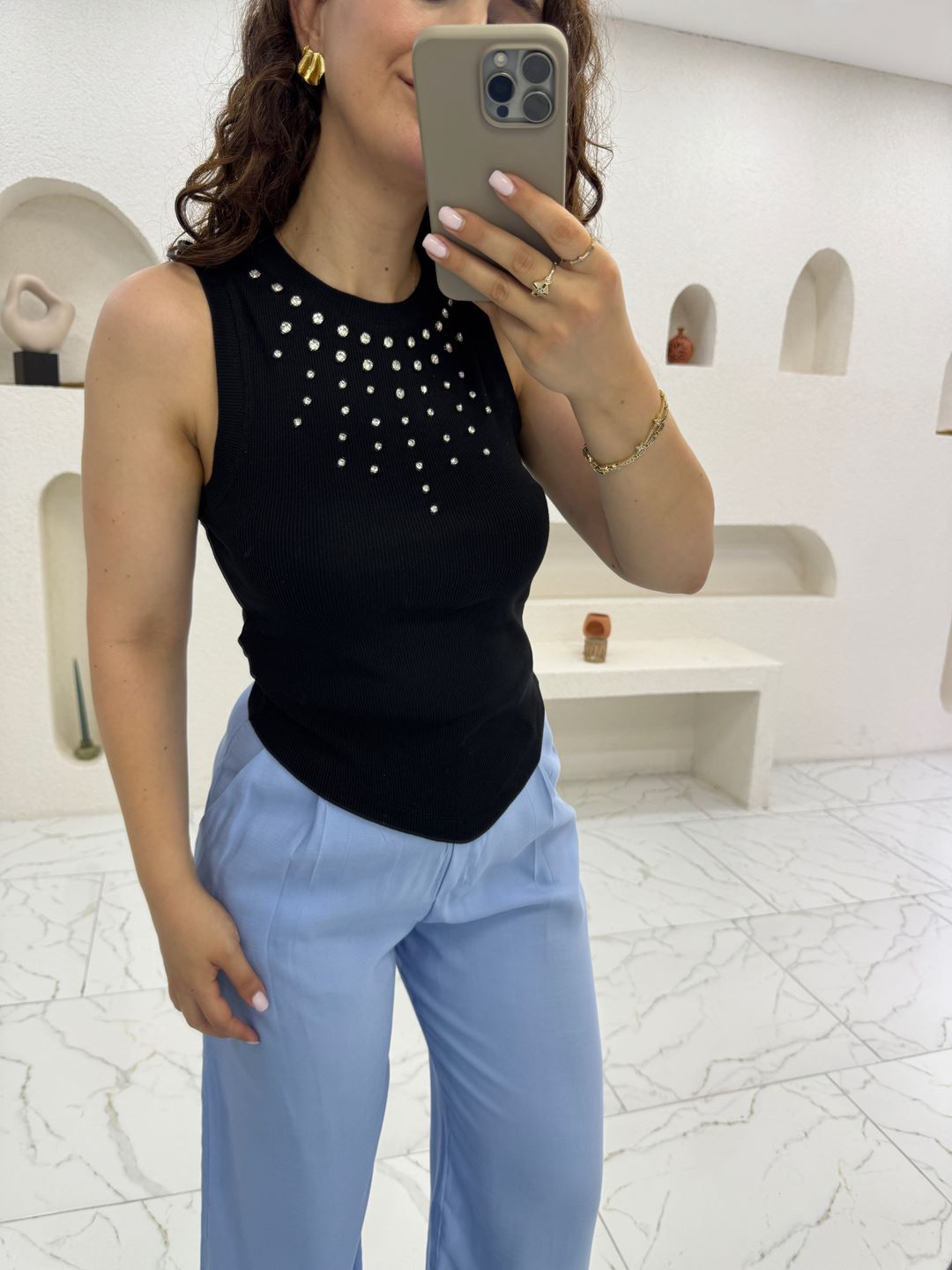 Siyah Taşlı Verev Atlet