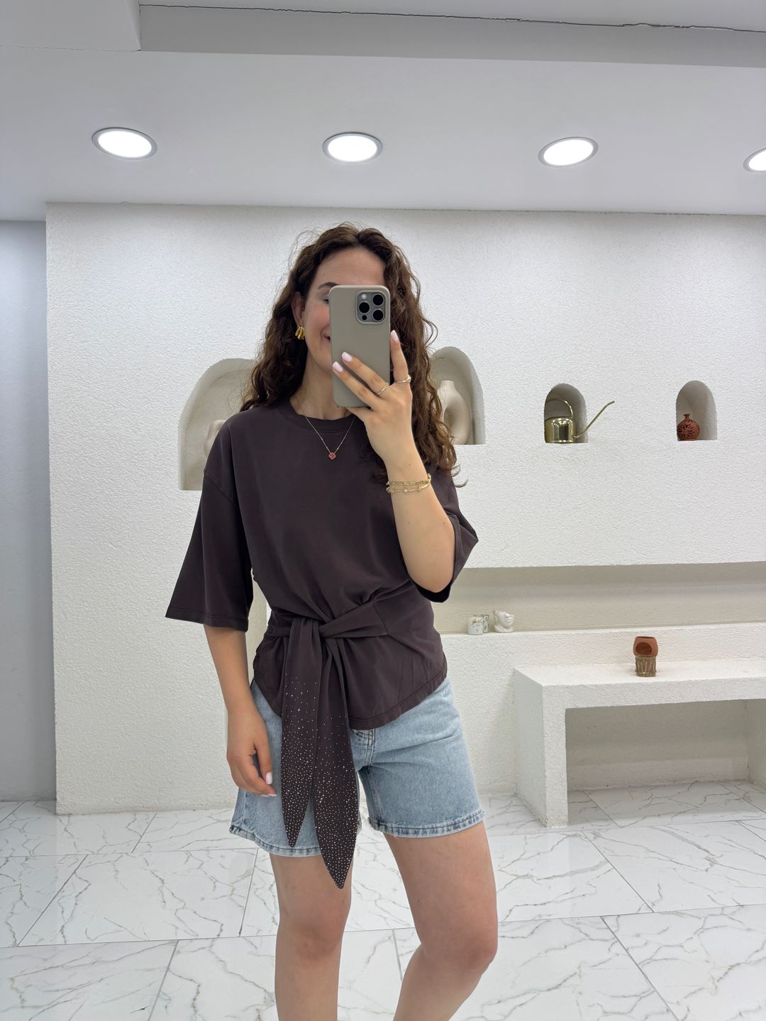Kahverengi Orijinal Marka Bağlamalı T-Shirt