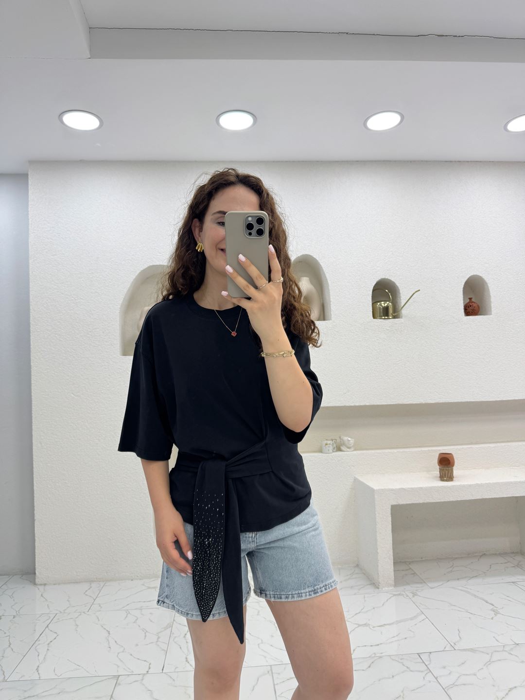 Siyah Orijinal Marka Bağlamalı T-Shirt