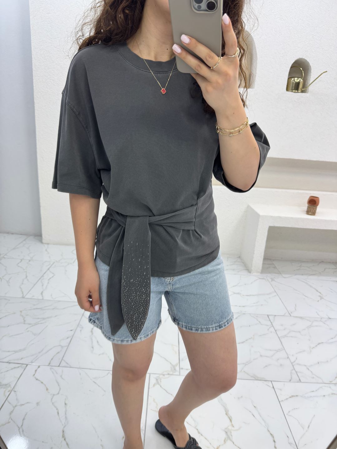 Antrasit Orijinal Marka Bağlamalı T-Shirt