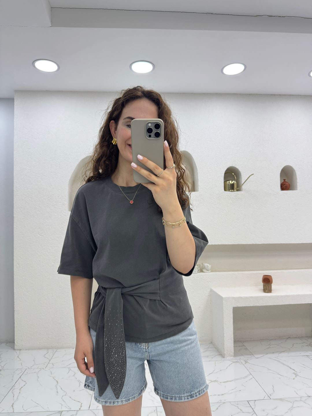 Antrasit Orijinal Marka Bağlamalı T-Shirt