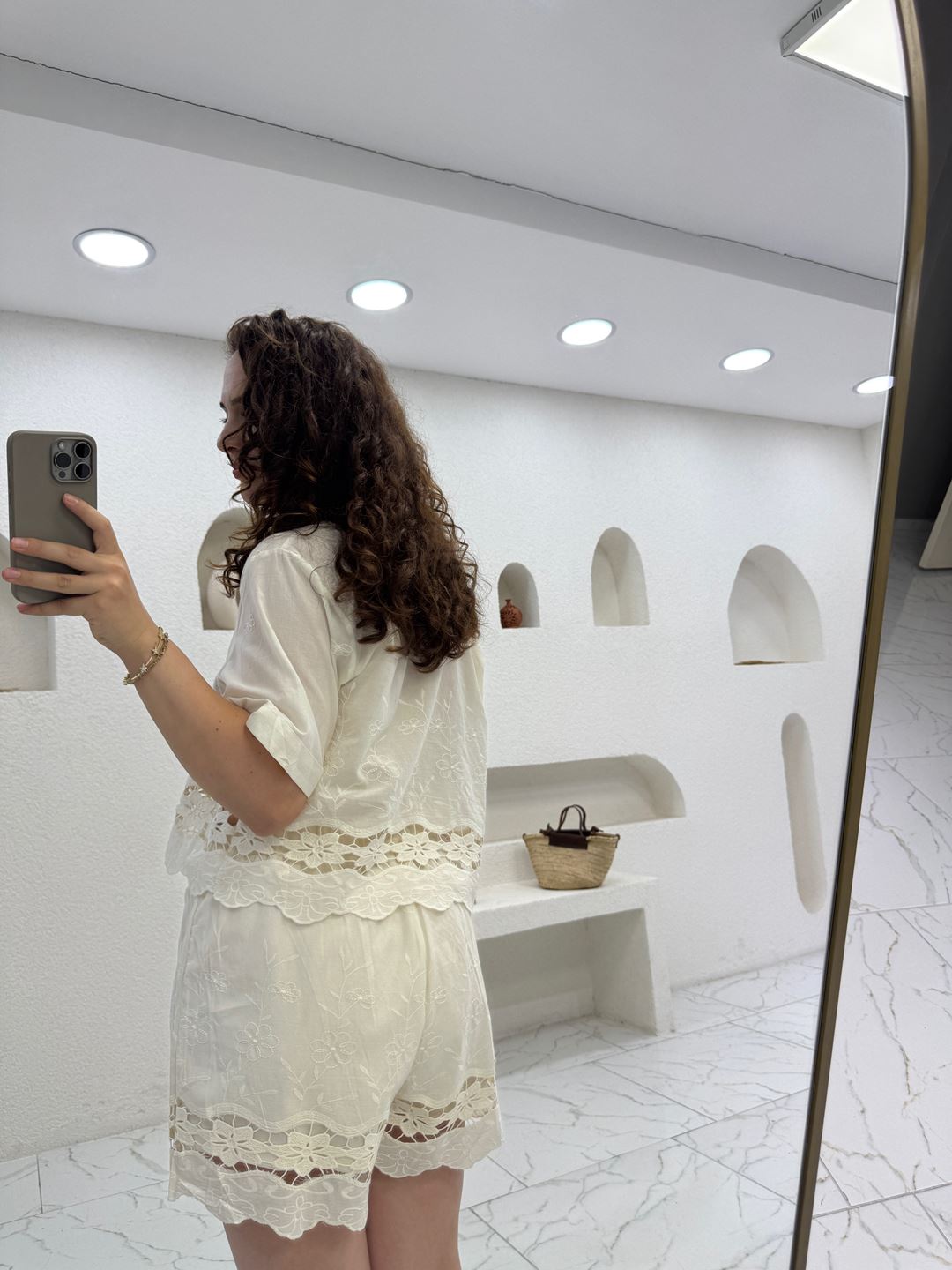 Natural Ajurlu Nakışlı Şort Gömlek Takım