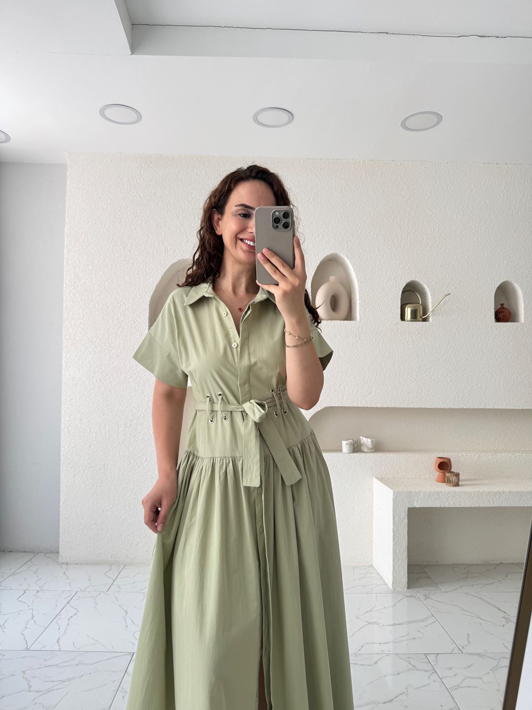 Yeşil Kuş Gözü Detaylı Maxi Elbise