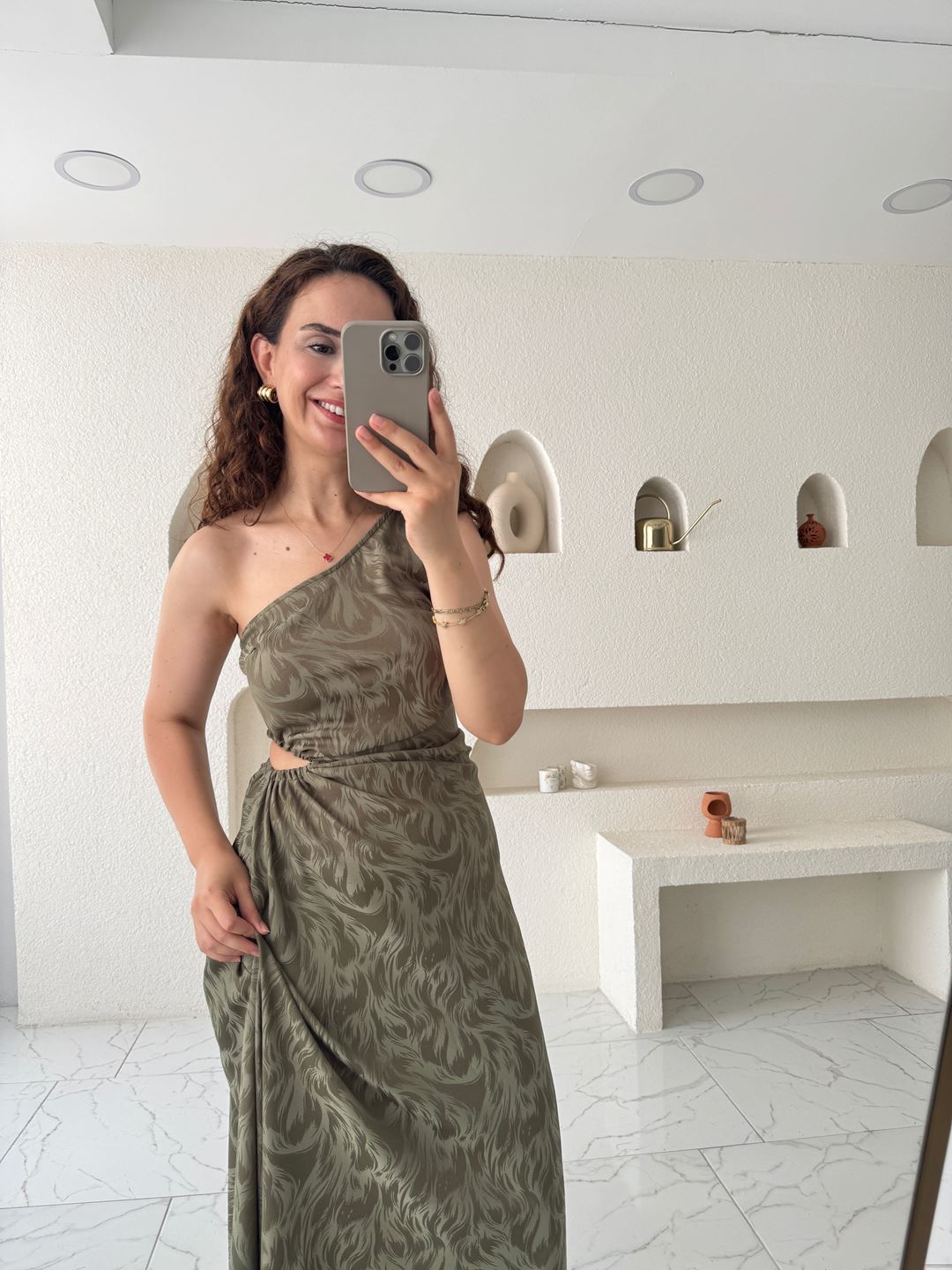 Haki Tek Omuz Pencere Detay Maxi Elbise